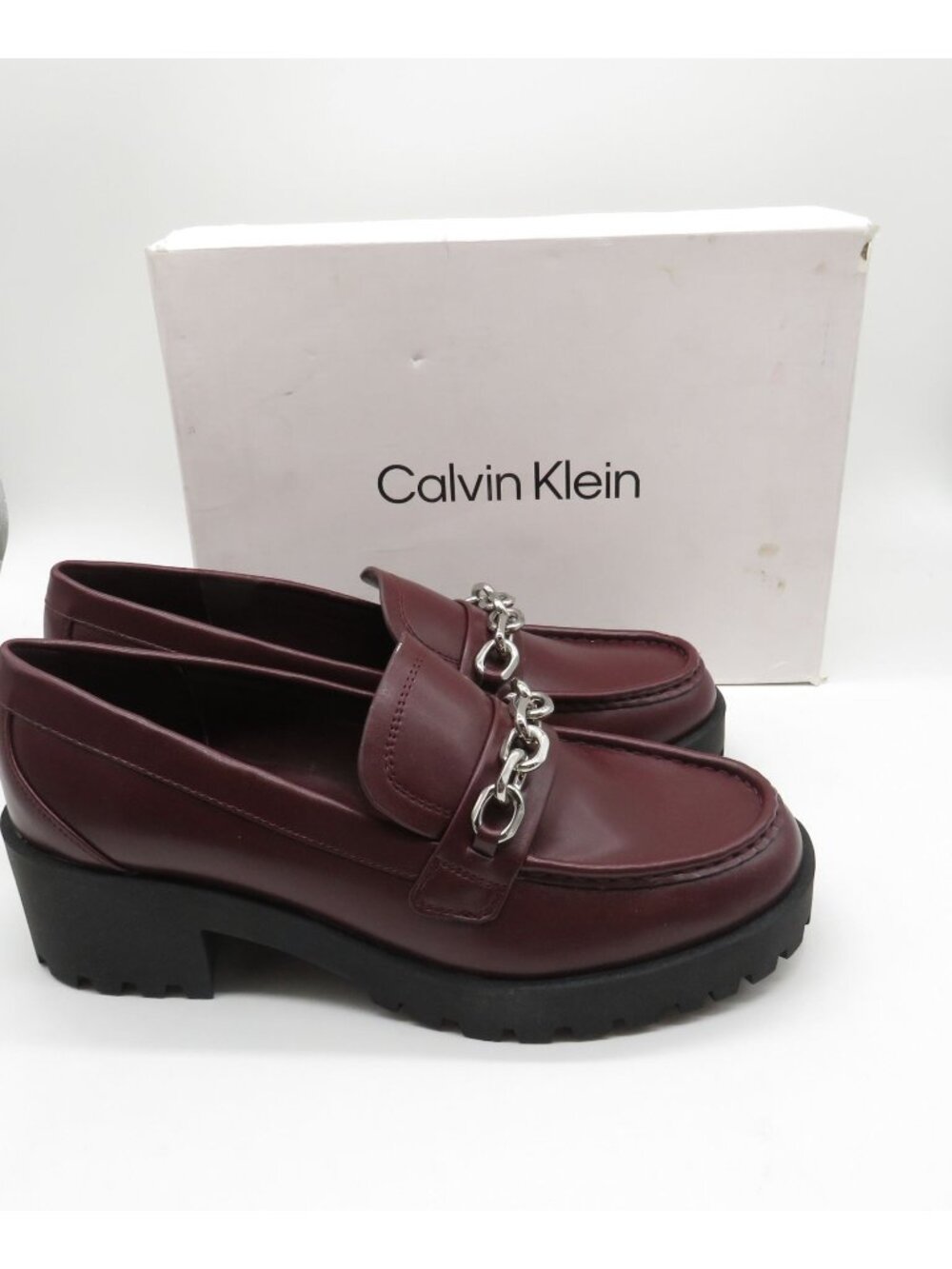 Calvin Klein Womens Dark Wine Loafers Silver Chain Accent Size 9.5M NEW